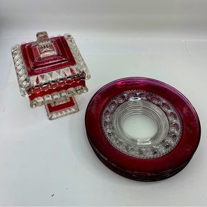 Vintage Westmoreland Footed Lidded Wedding Candy Dish Jar Ruby Red  5 Plates